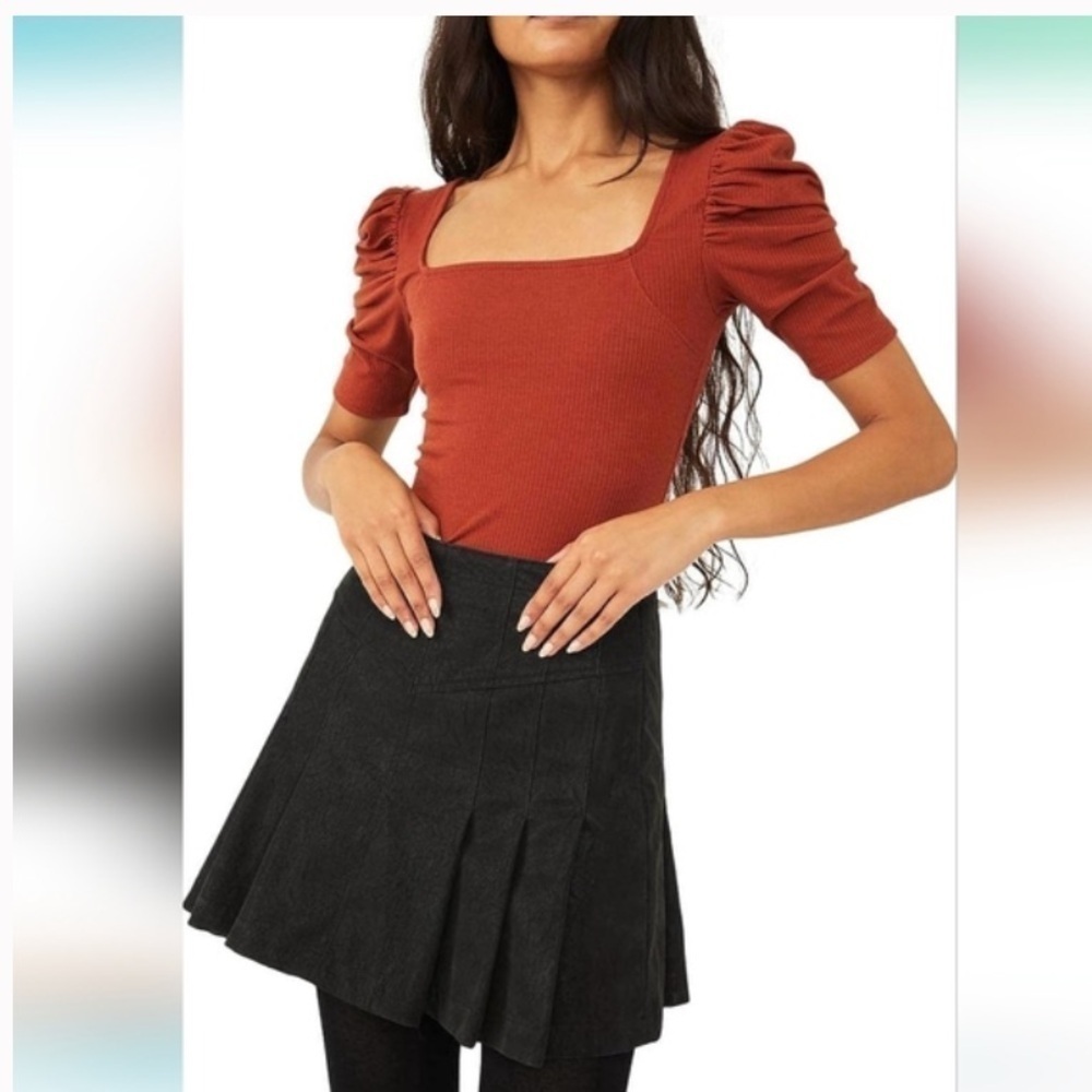 Free People We The Free Night Lily Puff Sleeve Top Red Square Neck Fitted Blouse